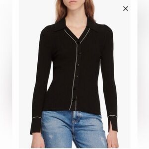 Sandro spread collar ribbed cardigan black with White Trim size 1 NWT